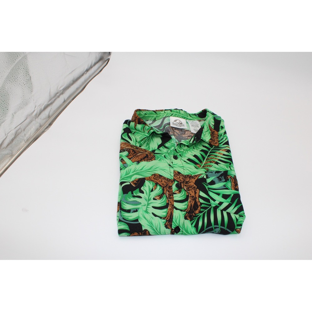 Jurassic World Button Down Shirt Green Tropical Raptor Dinosaur Rayon JKN010AMNW